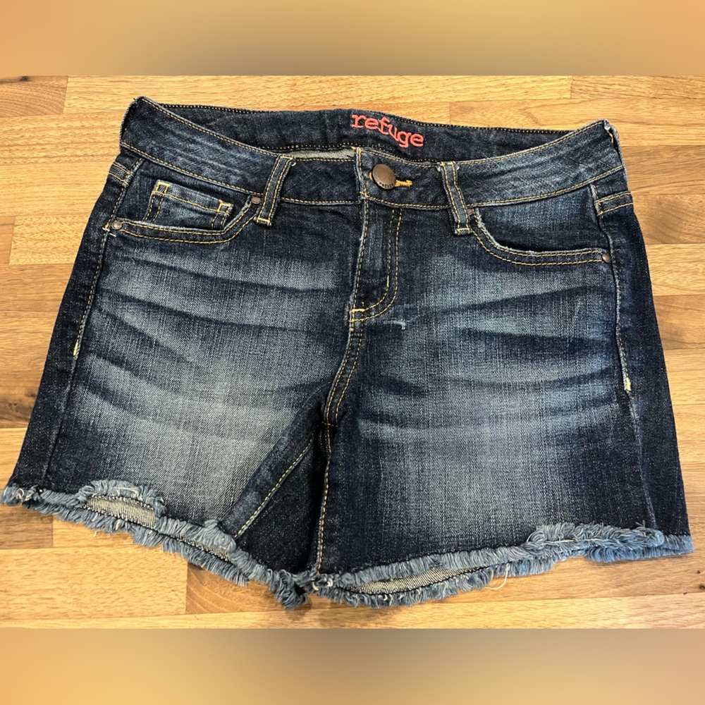 Refuge Frayed Hem Denim Jean Cutoff Shorts - Dark Blue Women’s Juniors